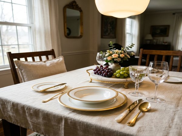 Bàn ăn tân cổ điển với bát đĩa sứ xương viền vàng El Casa