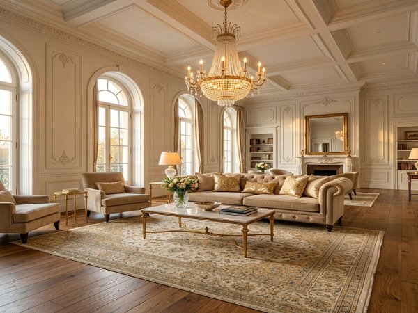Phòng khách phong cách tân cổ điển với sofa nhung và thảm hoa văn