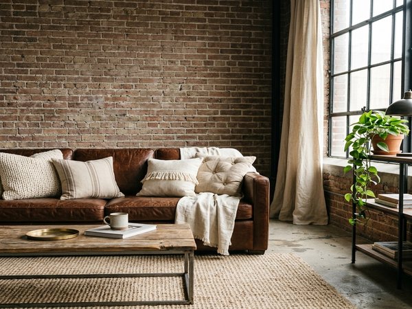 Quy tắc phối đồ decor mềm 70-30 cho không gian Industrial với gối sofa và thảm