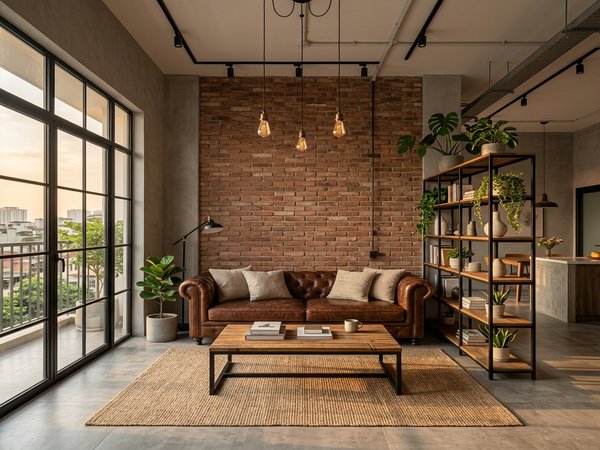 Phòng khách phong cách Industrial căn hộ Việt Nam với sofa da và thảm trung tính