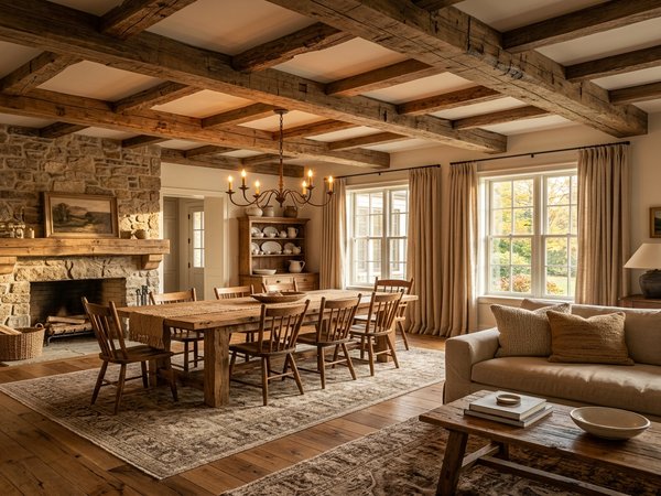 Toàn cảnh phòng khách phong cách Rustic với xà gỗ trần